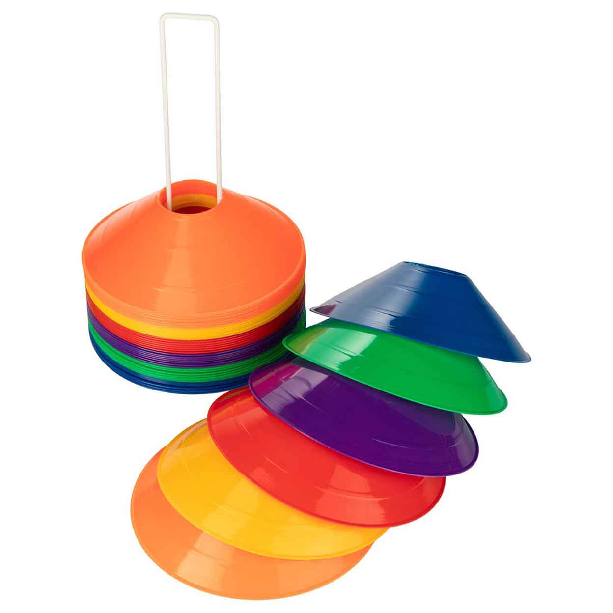 Disc Cone Carrier with one of each color cone laying beside the carrier.