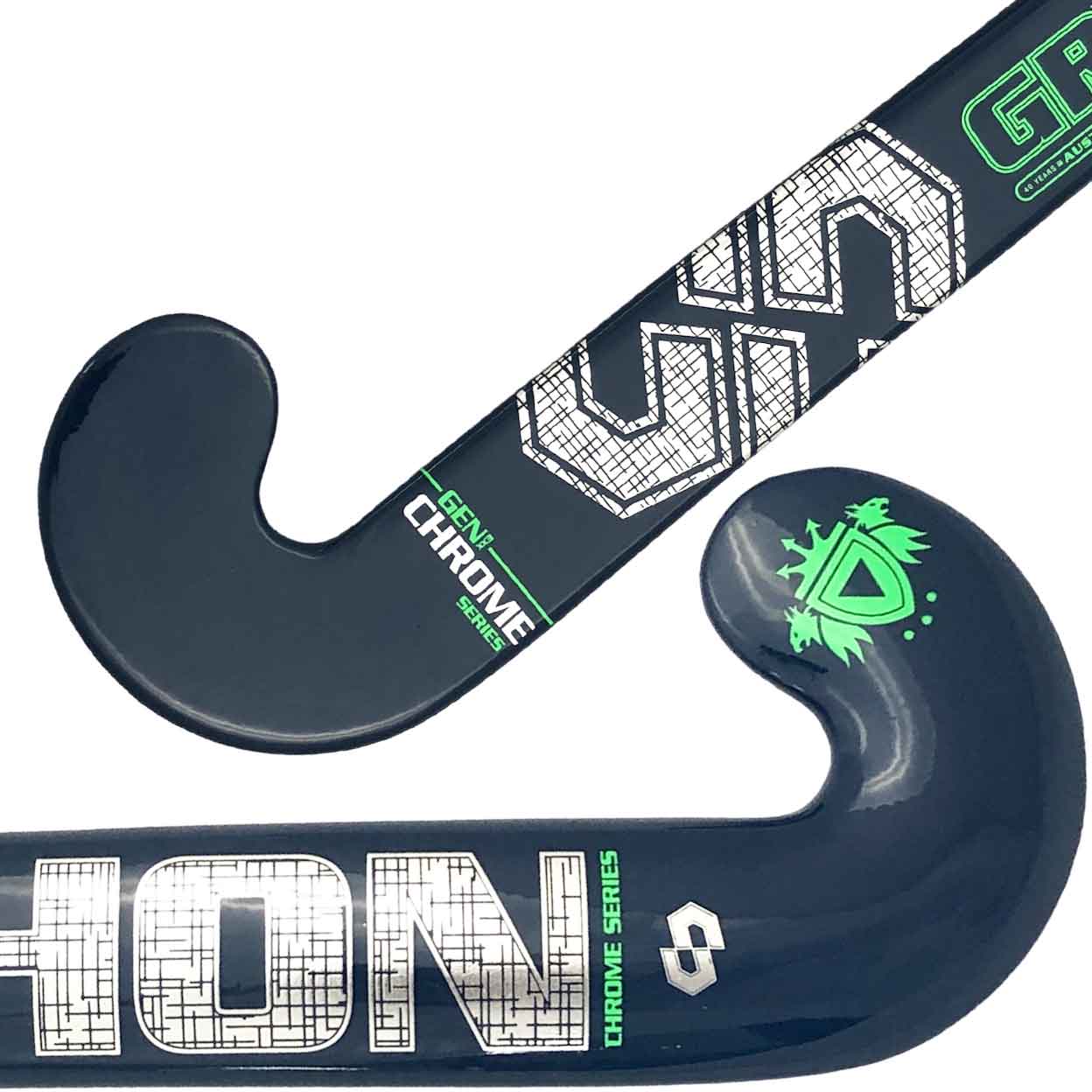 Close up of the navy Gryphon Elan Pro Indoor Composite Field Hockey Stick