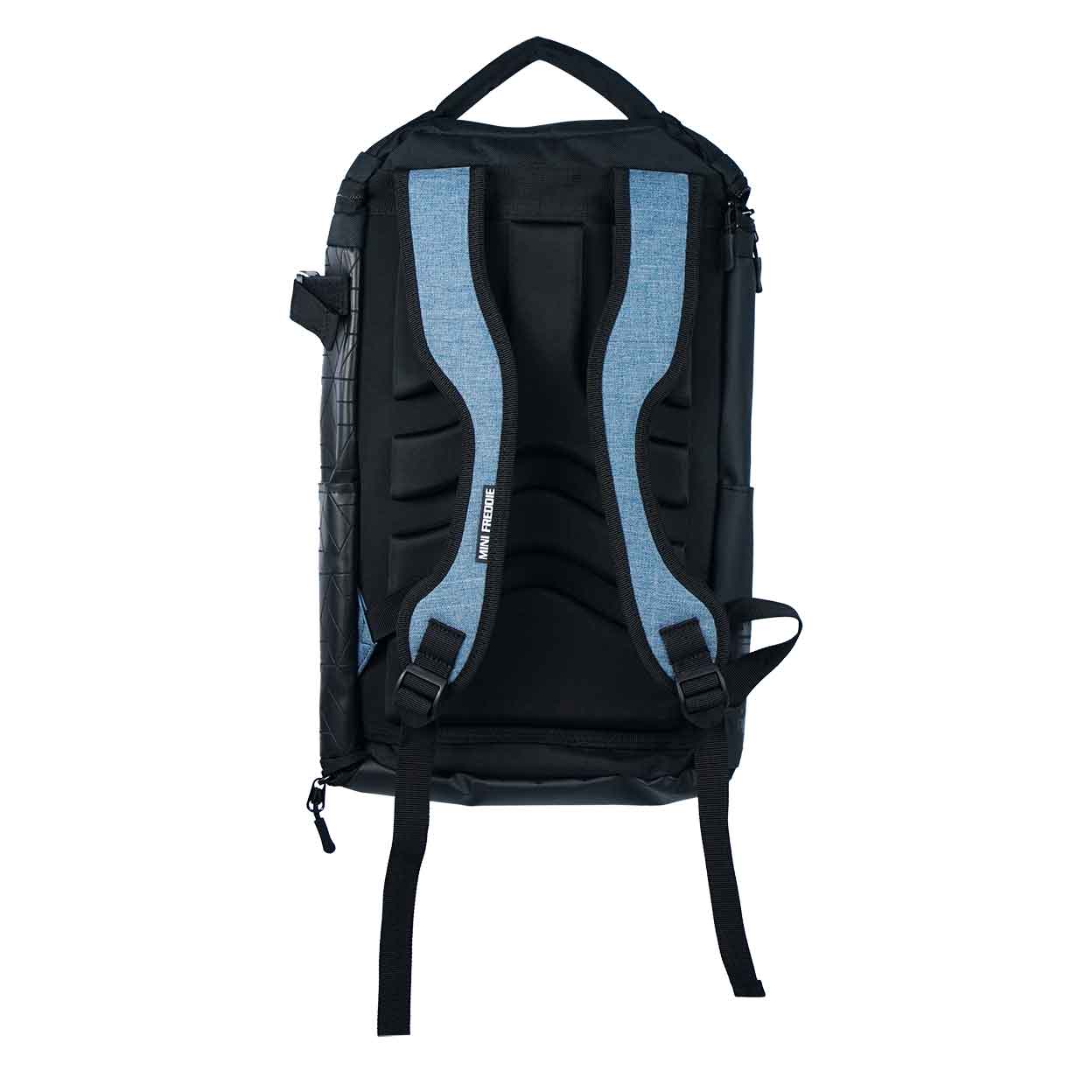 back of the blue Gryphon Mini Freddie Backpack