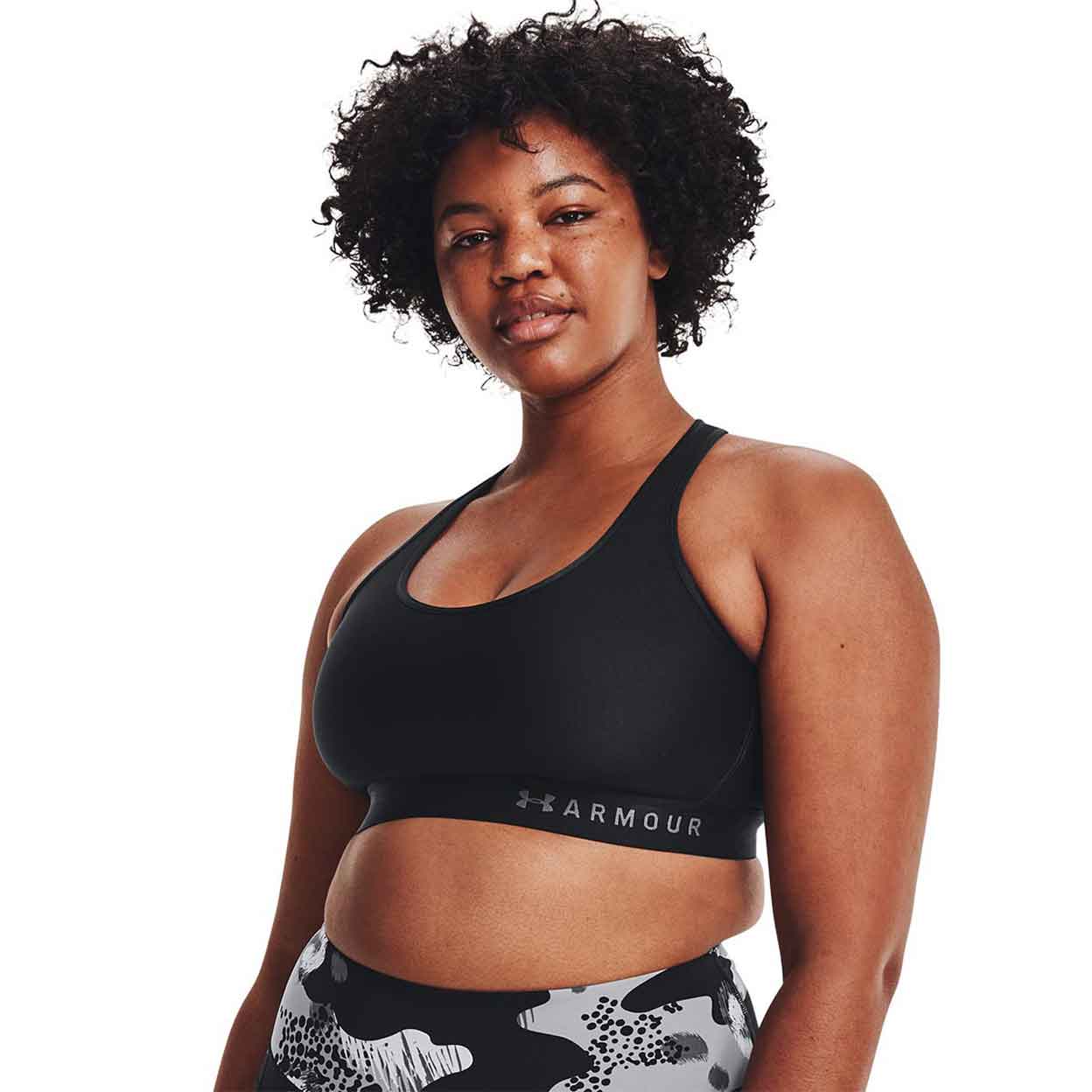 model wearing the black Under Armour Mid Keyhole Bra.
